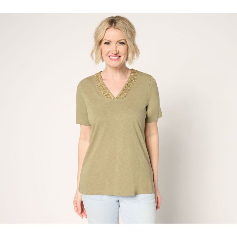 Wacoal Women's Top Sz L Denim & Co. 100% Cotton Beaded V-Neck Short Green